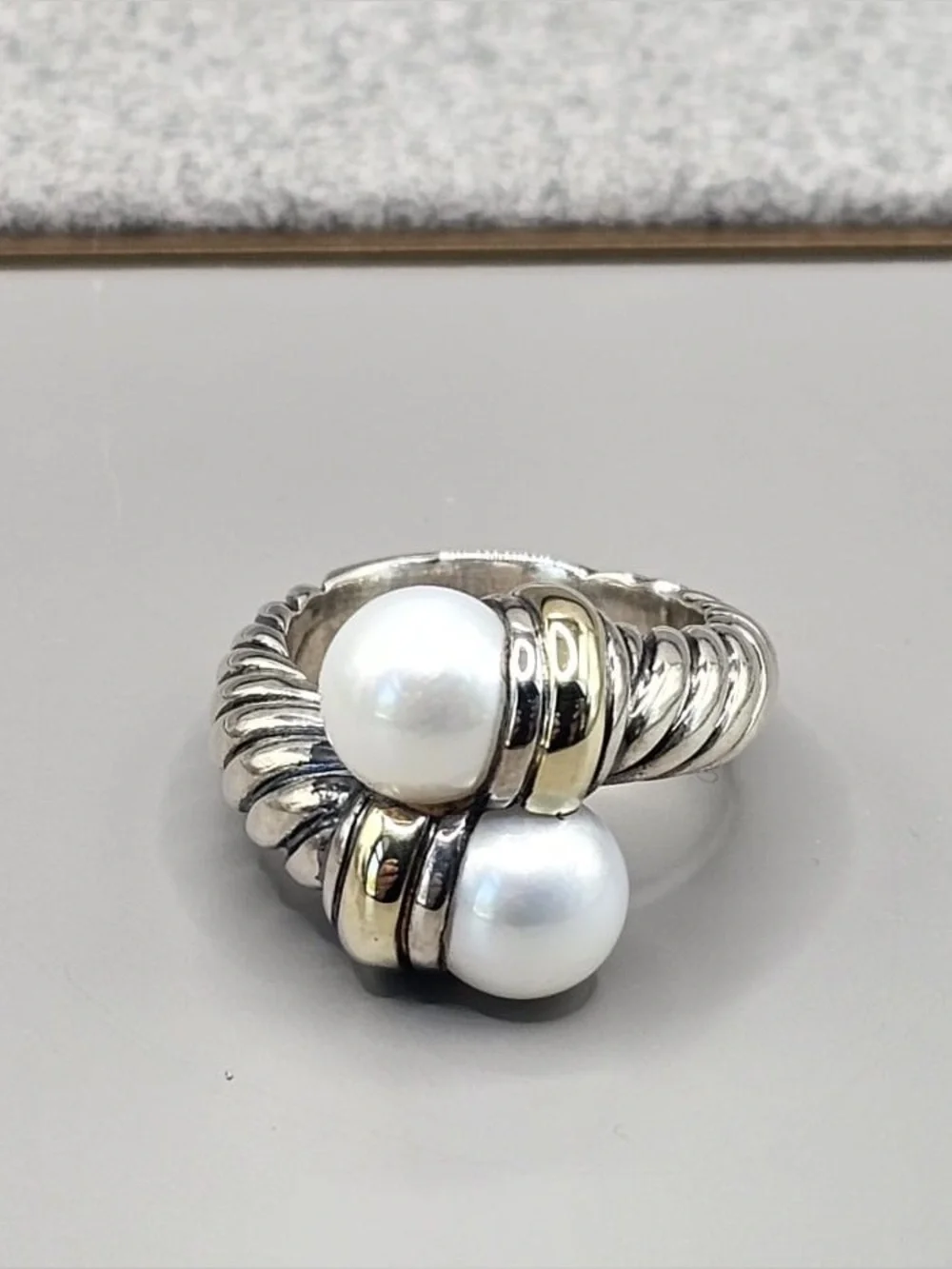 Sterling Silver and 18 Karat Yellow Gold David Yurman Pearl Bypass Ring